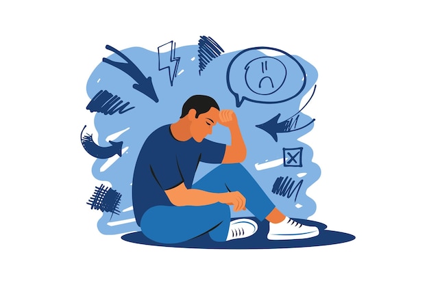 Mental disorder concept Depression man Stress despair anxiety disorder fatigue Vector illustration