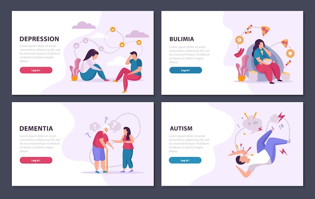 Vector mental disorders 2x2 banner design concept set flat illustration