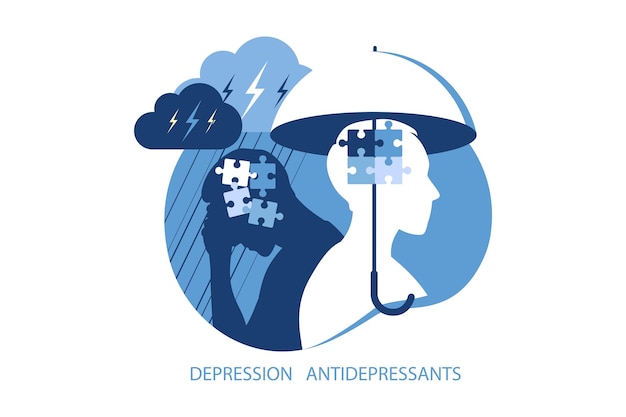 Vector mental health, antidepressants and depression psychology concept. two man different states of consciousness mind - depression and positive mental health mood. vector illustration. flat