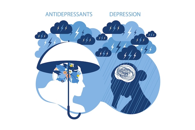 Антидепрессанты психического здоровья и концепция психологии депрессии две женщины в разных состояниях