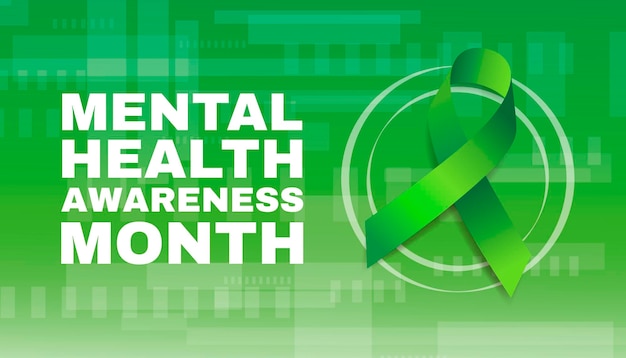 Mental health awareness month concept banner template with green ribbon and text vector illustration