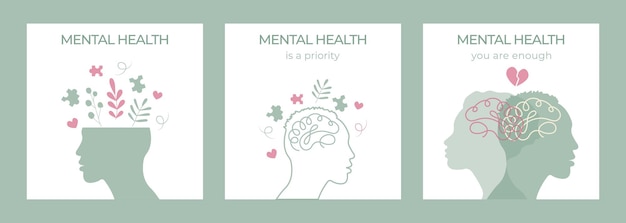 mental health card setmental health problems and emotional burnout concept of psychotherapyvector
