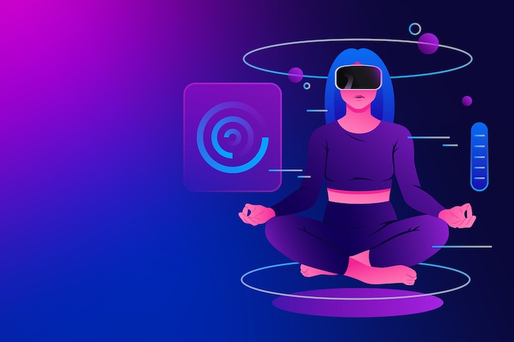 Vector mental health care in virtual reality metaverse illustration woman meditating