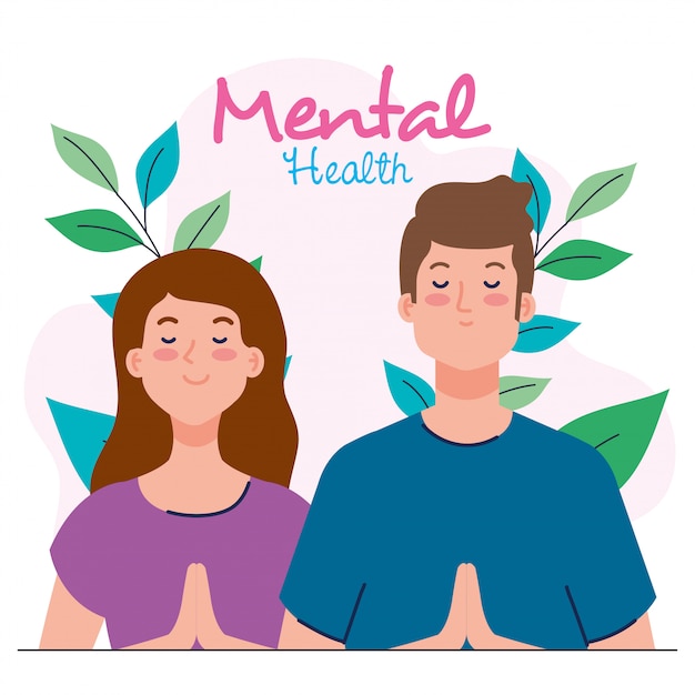 Mental health concept, couple with healthy mind, and leaves decoration illustration design