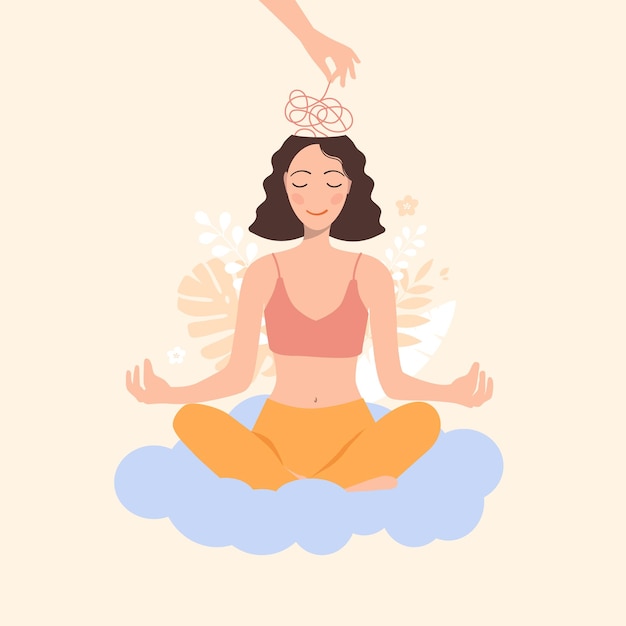 Mental health concept The girl sits on a cloud and meditates