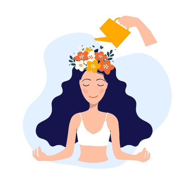 Концепция психического здоровья девочка поливает цветы на голове кувшином
