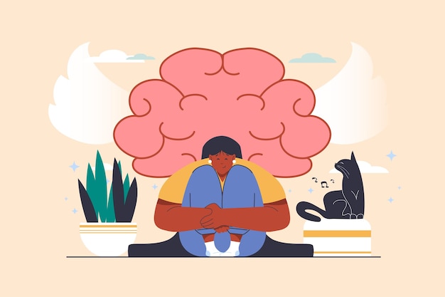 Vector mental health concept with people scene in flat design happy woman hugging and supporting herself thinking positively and taking care of balance vector illustration with character situation for web