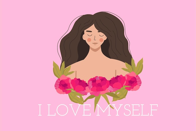 Mental health concept a young woman smiles and hugs a bouquet\
of peony flowers symbolizing mental health care i love myself flat\
vector illustration