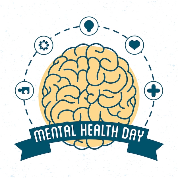 Vector mental health day card with brain and set icons around