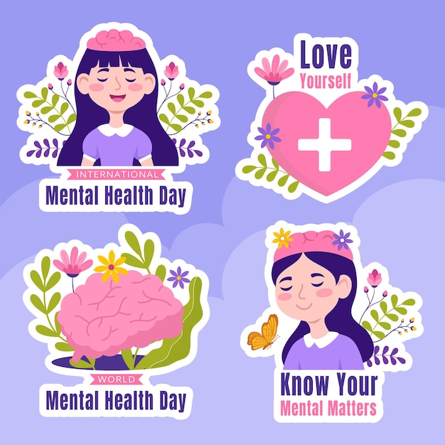 Vector mental health day label flat cartoon hand drawn templates background illustration