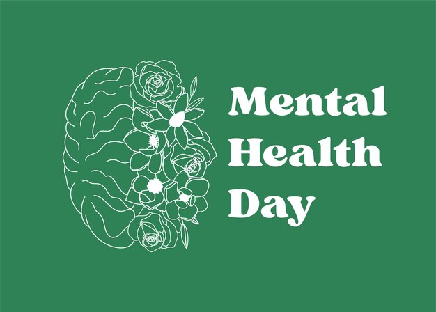 Vector mental health day vector banner floral brain illustration on green background