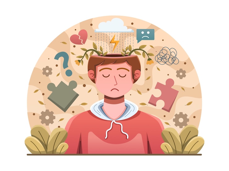 Vector mental health day with emotional challenges in mental health including anxiety frustration
