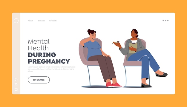 Mental health during pregnancy landing page template pregnant woman and psychologist characters chatting at childbirth preparation course prenatal psychology help cartoon people vector illustration