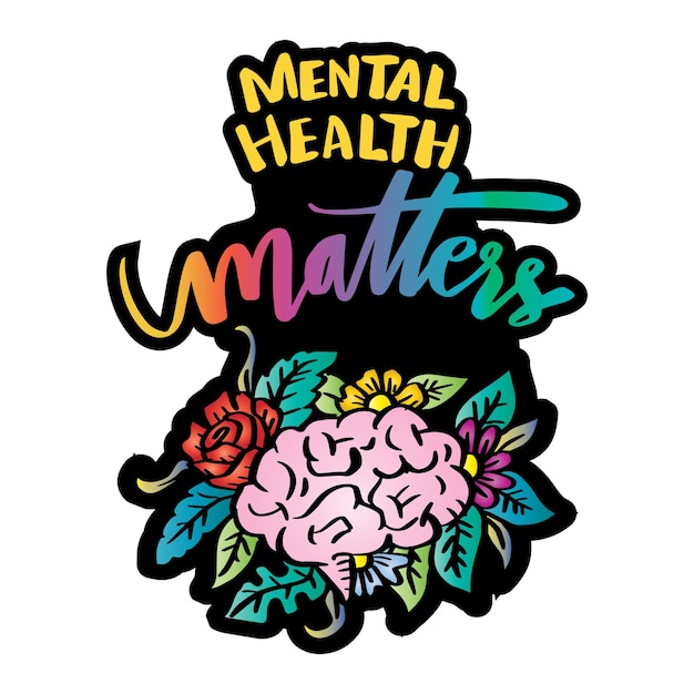 Vector mental health hand lettering with brain and leaves vector illustration