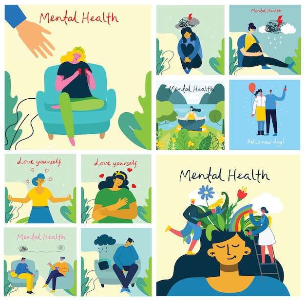 mental health illustration concept. psychology visual interpretation of mental health in the flat design