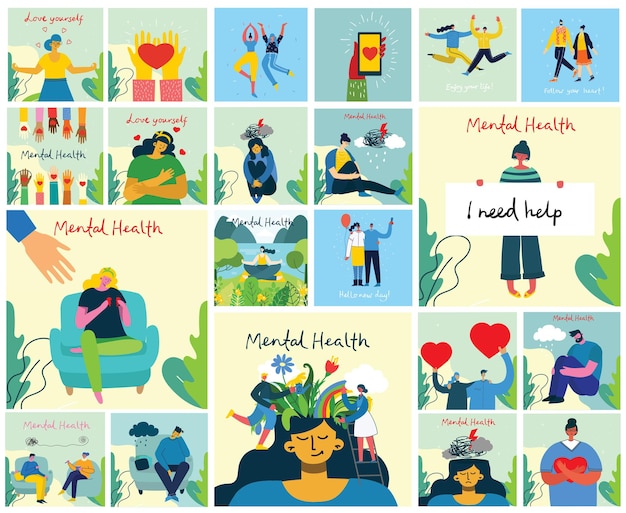 mental health illustration concept. psychology visual interpretation of mental health in the flat design