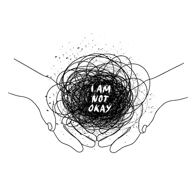 Mental health illustration with line ball in human hands. Depression. I am not okay. Psychology illustration