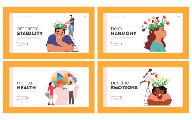 Vector mental health landing page template set characters treat depression loneliness brain development or hopelessness