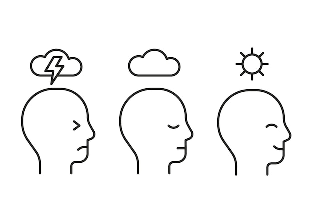 Mental health line icon Head profile with stress calm and positive mood Face with storm cloud and clear sky sun Control of mind psychology Vector illustration