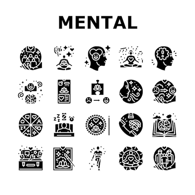 Vector mental health people care mind icons set vector