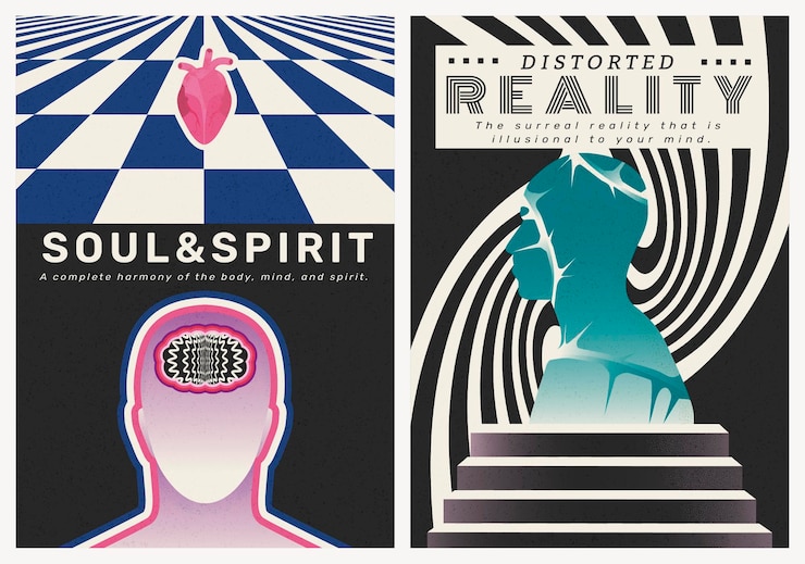 Vector mental health poster templates, surreal art set vector