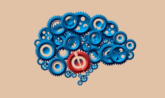 Mental health problem illustration with broken cogwheel brain