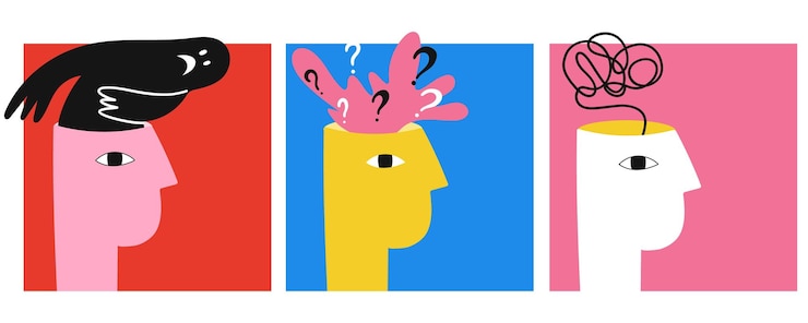 Vector mental health psychology and self care positive and negative thinking abstract human head posters and cards set imagination and inspiration vector cartoon flat isolated illustration