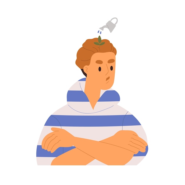 Mental health recovery process. Mind development, psychology concept. Person with depression during rehabilitation, growing plant inside head. Flat vector illustration isolated on white background