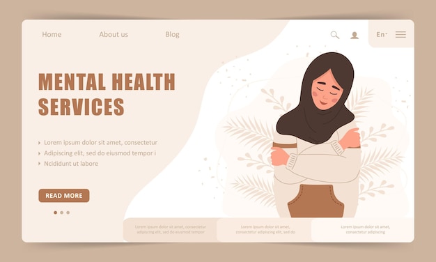 Mental health service Landing page template Happy arab woman hugging herself