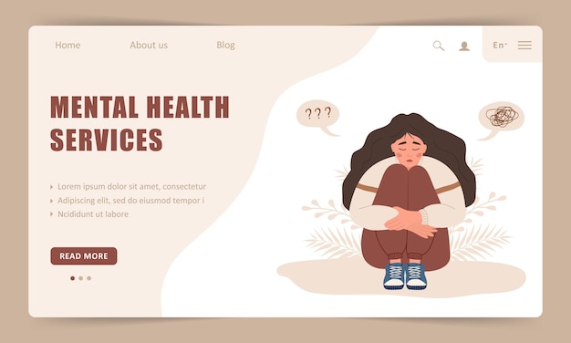 Mental health service Landing page template Lonely woman sitting on floor and hugging knees