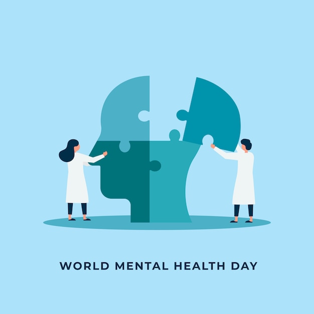 メンタルヘルス治療イラスト心理学の専門医が世界の精神的な日の概念のために一緒に働く