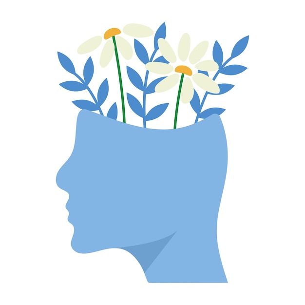 Mental health with flowers in head, vector illustration, psychology, mental health concept. educati