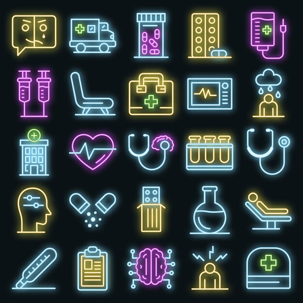 Mental hospital icons set. outline set of mental hospital vector icons neon color on black