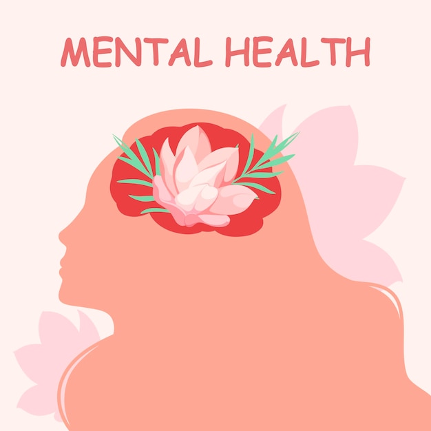 Mentale gezondheid. Silhouet van een vrouw met mooie hersenen met bloemen. Vector illustratie.