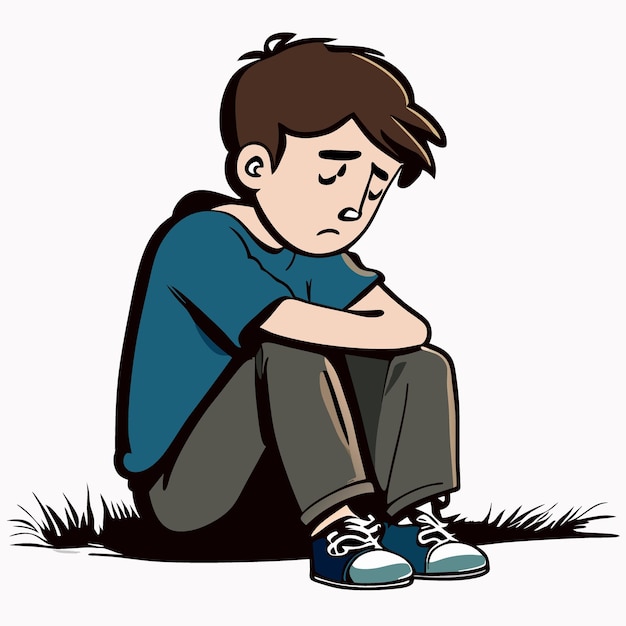 The mentally ill sits on his knees anxious vector illustration cartoon