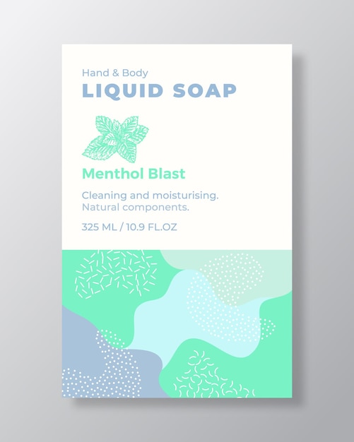 Vector menthol liquid soap package label template abstract shapes camo background vector cover cosmetics packaging design modern typography and hand drawn mint leaves spice sketch