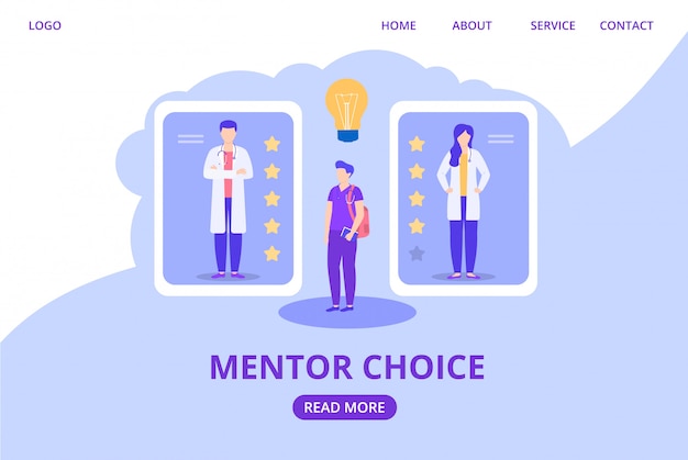 Mentor choosing for trainee intern according to rating, score illustration website.