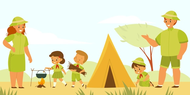Mentors and scouts Kids camping tourism Young explorers pitch tent and cook at campfire Children in uniform with teachers Summer outdoor hiking vacation Vector nature adventurers