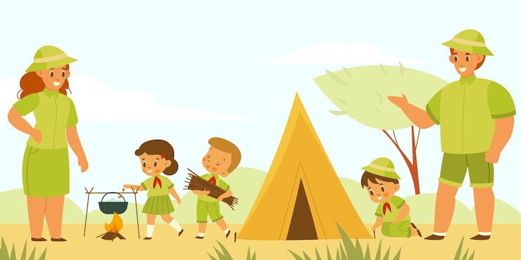 Vector mentors and scouts kids camping tourism young explorers pitch tent and cook at campfire children in uniform with teachers summer outdoor hiking vacation vector nature adventurers