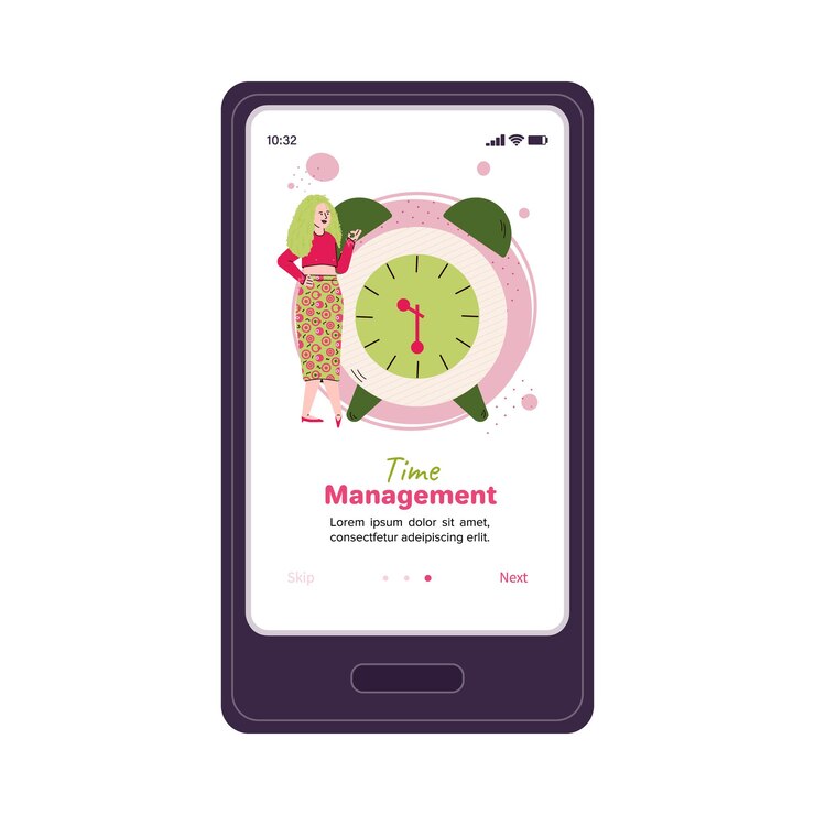 Vector menu banner for website and mobile app with woman and alarm clock