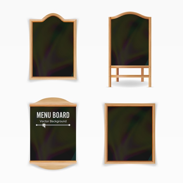 Vector menu black board vector. empty cafe menu set. realistic wooden chalkboard blank