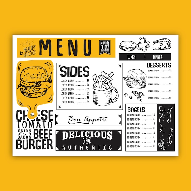 A menu for a burger and cheese burger.