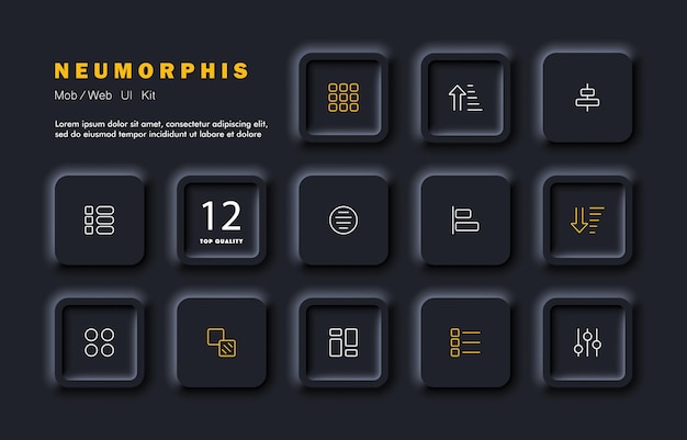 Menu buttons set icon Tiles buttons columns circles squares apps arrows sliders Infographic concept Neomorphism style Vector line icon for Business and Advertising