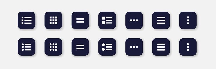 Vector menu buttons set icon tiles squares arrows lists application buttons alignment slider slide scrolling knob concept neomorphism style vector line icon for business