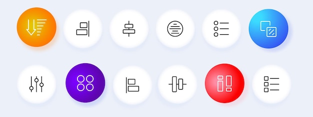 Pulsanti menu imposta icona piastrelle quadrati frecce elenchi pulsanti applicazione cursore allineamento scorrimento scorrimento ordinamento ascendente e discendente concetto manopola neomorfismo