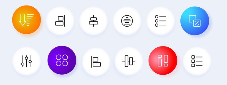 Vector menu buttons set icon tiles squares arrows lists application buttons alignment slider slide scrolling sorting in ascending and descending order knob concept neomorphism