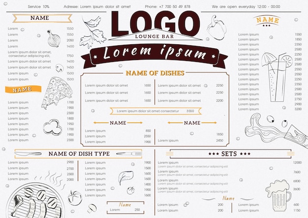 Menu for a cafe in modern style with handdrawing elements A3 format