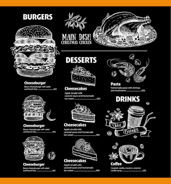 Vector menu cafe restaurant design template flyer with handdrawn graphic