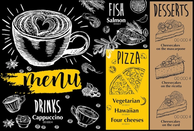 Menu café restaurant ontwerpsjabloon Flyer met handgetekende afbeelding