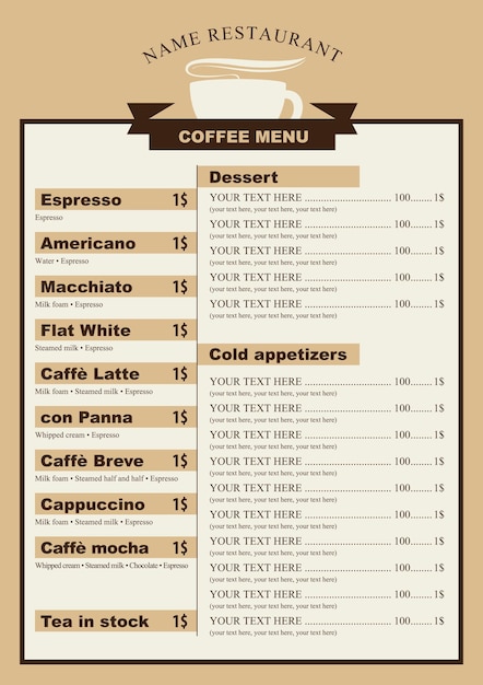 Vector menu for cafe with cup of coffee